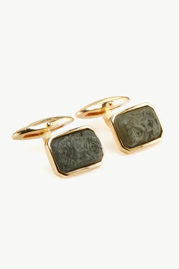 Giuliva Heritage Neptune Cufflinks in Lava Stone and Brass< Accessories